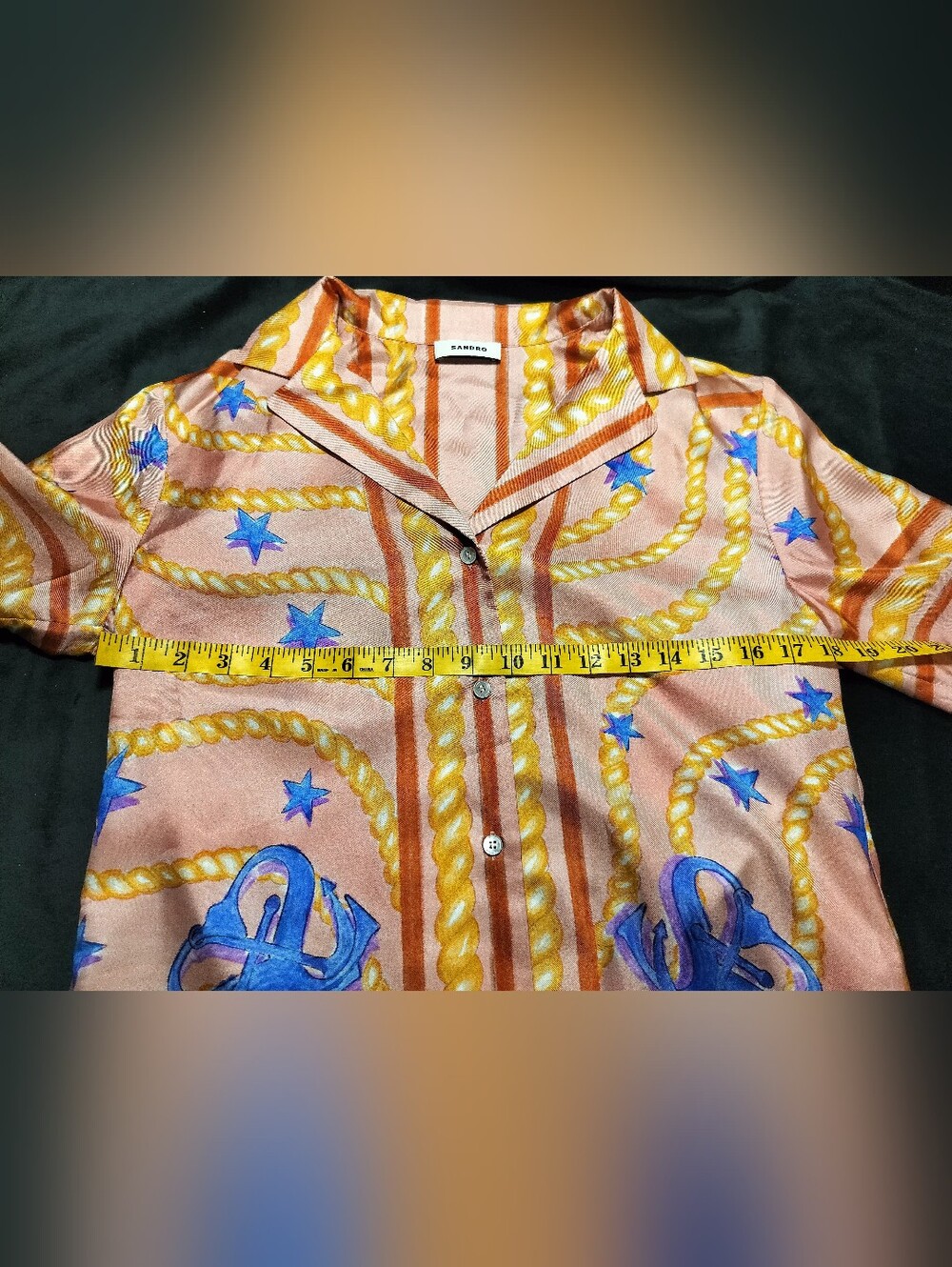 EUC Sandro 100% Silk Pink Blue Short-Sleeve Rope & Star Button Up Shirt Small XS - Picture 5 of 8